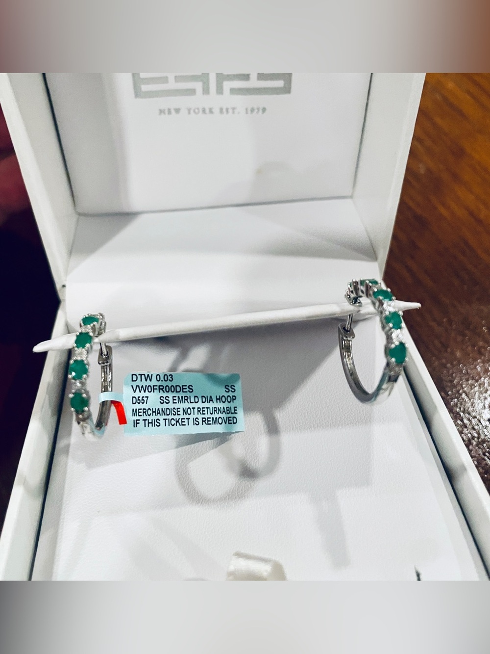 Effy Sterling Silver Diamond, Natural Emerald Hoop Earrings. NWT. Lovely! - Picture 3 of 7